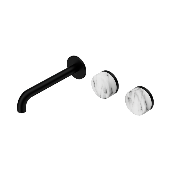 Nero Serenity Wall Basin Set 185mm Offset Spout With Arabescato Corchia Handle Matte Black