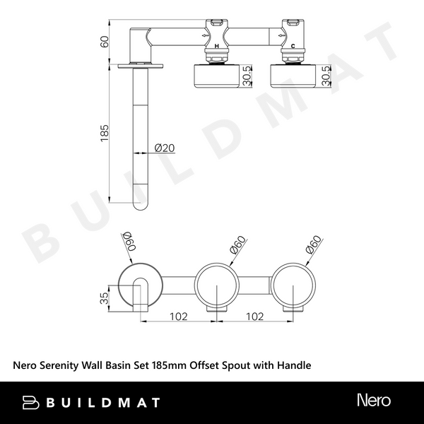 Nero Serenity Wall Basin Set 185mm Offset Spout With Arabescato Corchia Handle Matte Black