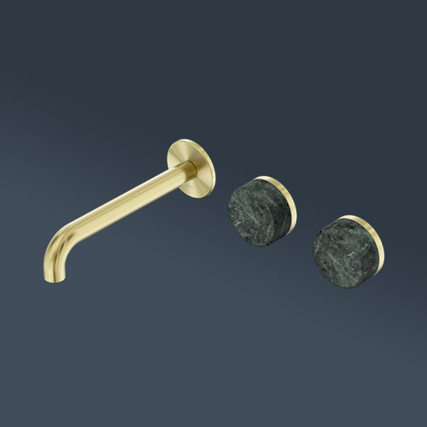 Nero Serenity Wall Basin Set 220mm Offset Spout With Verde Alpi Handle Brushed Gold