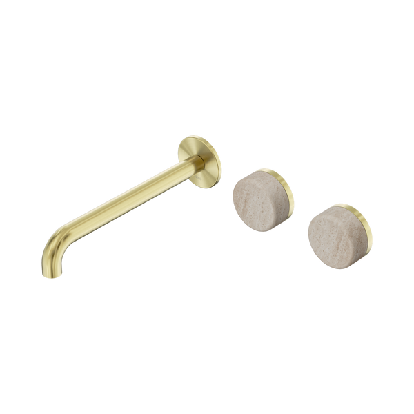 Nero Serenity Wall Basin Set 220mm Offset Spout With Rome Travertine Handle Brushed Gold