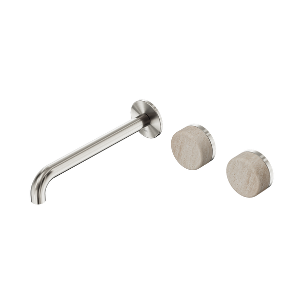 Nero Serenity Wall Basin Set 220mm Offset Spout With Rome Travertine Handle Brushed Nickel