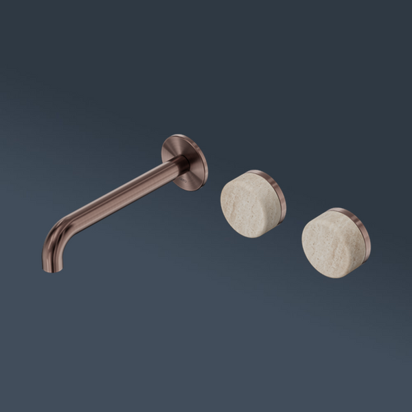 Nero Serenity Wall Basin Set 220mm Offset Spout With Rome Travertine Handle Brushed Bronze