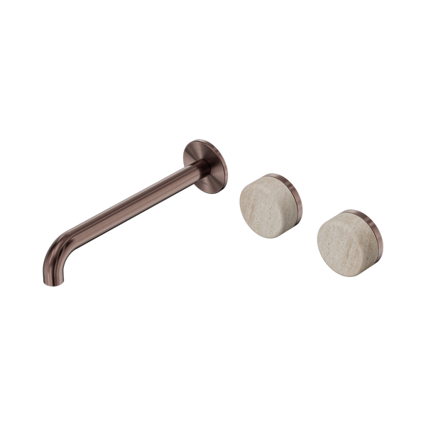 Nero Serenity Wall Basin Set 220mm Offset Spout With Rome Travertine Handle Brushed Bronze