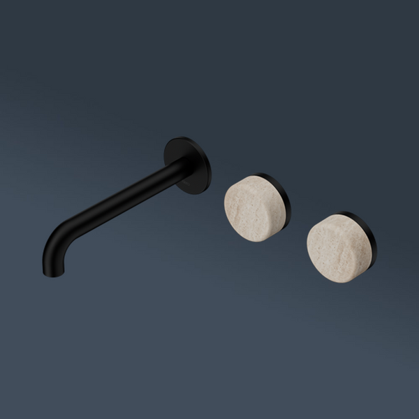 Nero Serenity Wall Basin Set 220mm Offset Spout With Rome Travertine Handle Matte Black