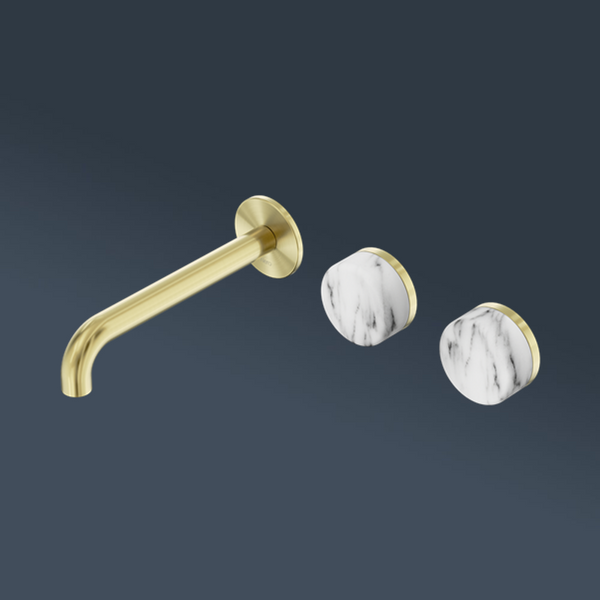 Nero Serenity Wall Basin Set 220mm Offset Spout With Arabescato Corchia Handle Brushed Gold