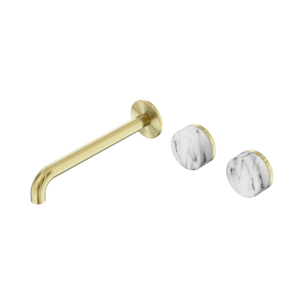 Nero Serenity Wall Basin Set 220mm Offset Spout With Arabescato Corchia Handle Brushed Gold