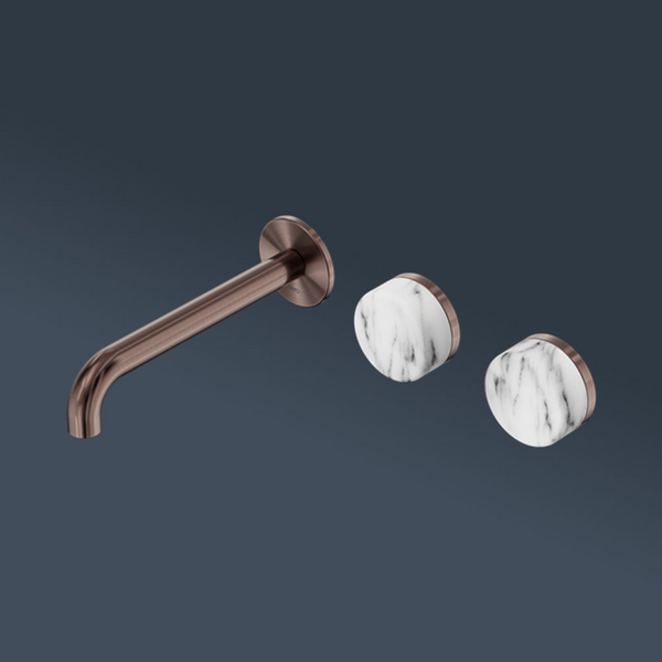 Nero Serenity Wall Basin Set 220mm Offset Spout With Arabescato Corchia Handle Brushed Bronze
