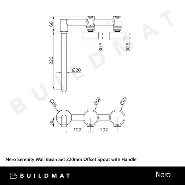 Nero Serenity Wall Basin Set 220mm Offset Spout With Marquina Black Handle Brushed Gold