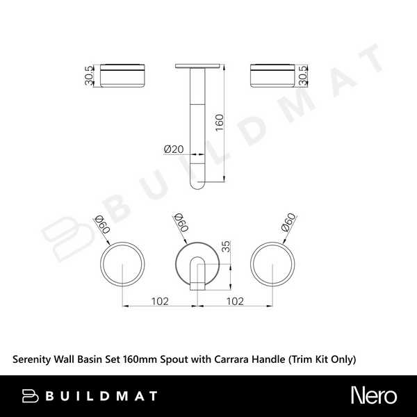 Nero Serenity Wall Basin Set 160mm Spout with Carrara Handle (Trim Kit Only) Brushed Nickel