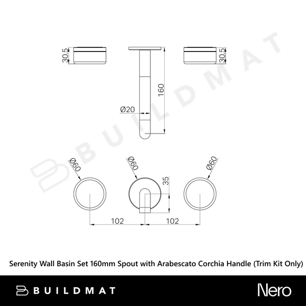 Nero Serenity Wall Basin Set 160mm Spout with Arabescato Corchia Handle (Trim Kit Only) Brushed Gold