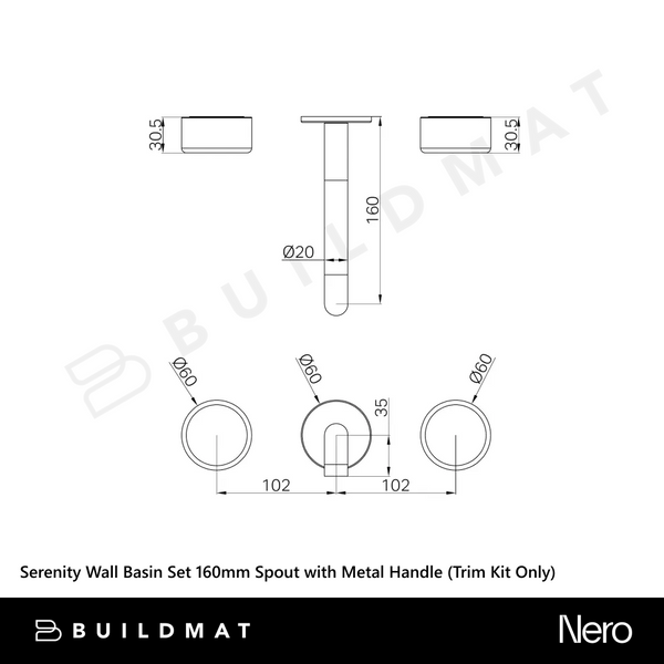 Nero Serenity Wall Basin Set 160mm Spout with Metal Handle (Trim Kit Only) Brushed Bronze
