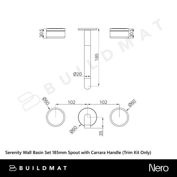 Nero Serenity Wall Basin Set 185mm Spout with Carrara Handle (Trim Kit Only) Gunmetal