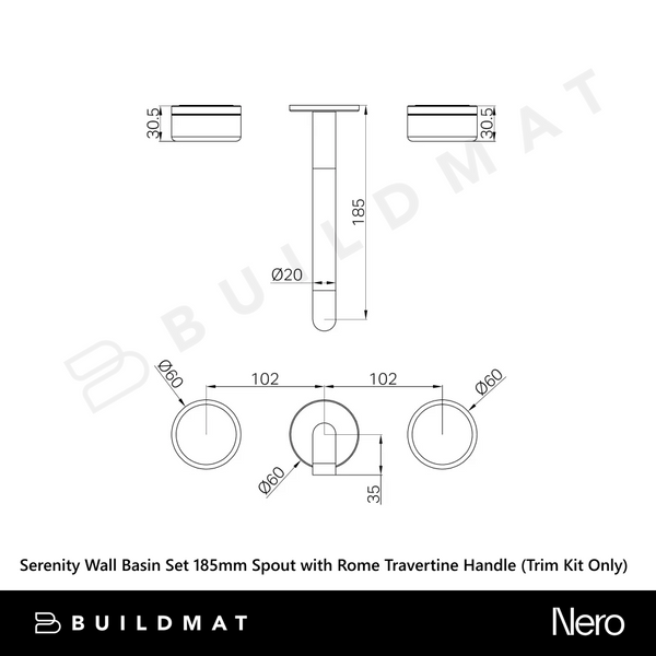 Nero Serenity Wall Basin Set 185mm Spout with Rome Travertine Handle (Trim Kit Only) Gunmetal