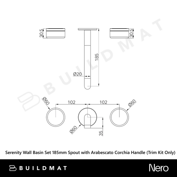 Nero Serenity Wall Basin Set 185mm Spout with Arabescato Corchia Handle (Trim Kit Only) Brushed Bronze