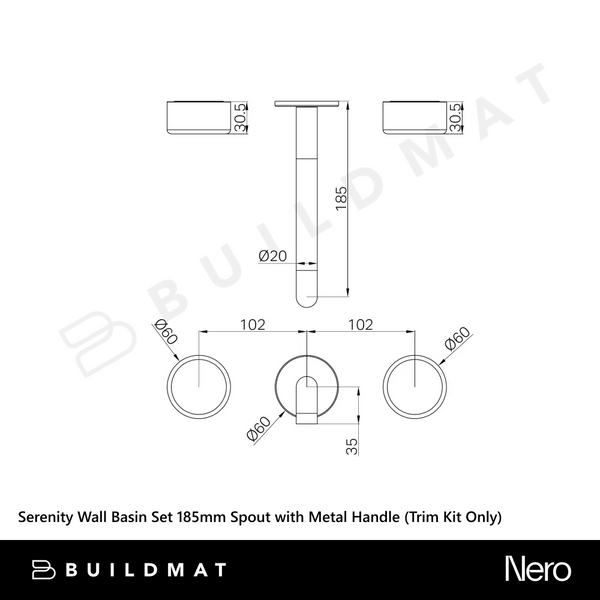 Nero Serenity Wall Basin Set 185mm Spout with Metal Handle (Trim Kit Only) Brushed Nickel