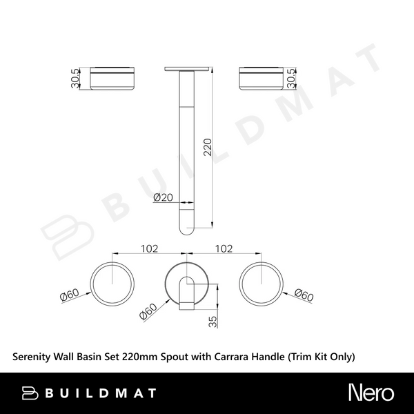 Nero Serenity Wall Basin Set 220mm Spout with Carrara Handle (Trim Kit Only) Brushed Gold