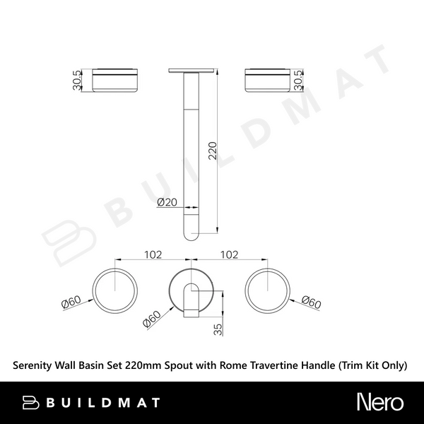 Nero Serenity Wall Basin Set 220mm Spout with Rome Travertine Handle (Trim Kit Only) Brushed Bronze