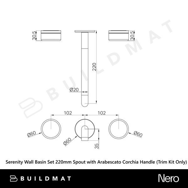 Nero Serenity Wall Basin Set 220mm Spout with Arabescato Corchia Handle (Trim Kit Only) Brushed Gold