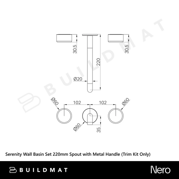 Nero Serenity Wall Basin Set 220mm Spout with Metal Handle (Trim Kit Only) Matte Black