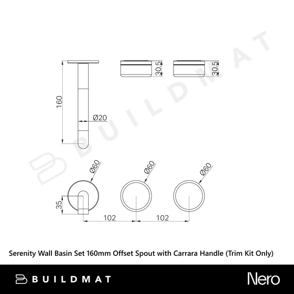 Nero Serenity Wall Basin Set 160mm Offset Spout with Carrara Handle (Trim Kit Only) Brushed Nickel