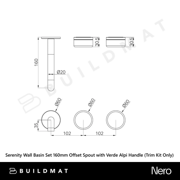 Nero Serenity Wall Basin Set 160mm Offset Spout with Verde Alpi Handle (Trim Kit Only) Brushed Bronze
