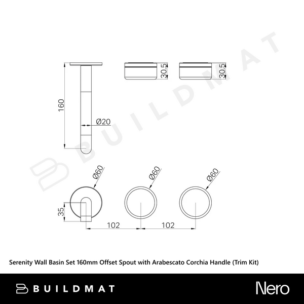 Nero Serenity Wall Basin Set 160mm Offset Spout with Arabescato Corchia Handle (Trim Kit Only) Brushed Nickel