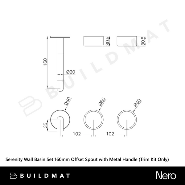 Nero Serenity Wall Basin Set 160mm Offset Spout with Metal Handle (Trim Kit Only) Matte Black