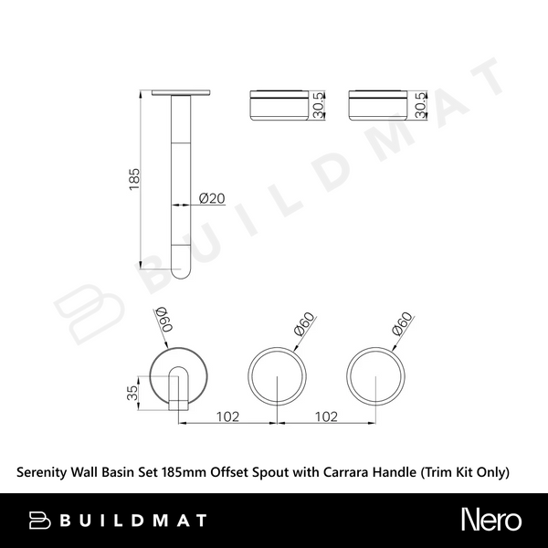 Nero Serenity Wall Basin Set 185mm Offset Spout with Carrara Handle (Trim Kit Only) Brushed Bronze