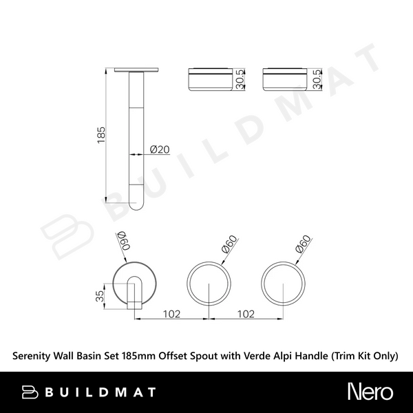 Nero Serenity Wall Basin Set 185mm Offset Spout with Verde Alpi Handle (Trim Kit Only) Brushed Nickel
