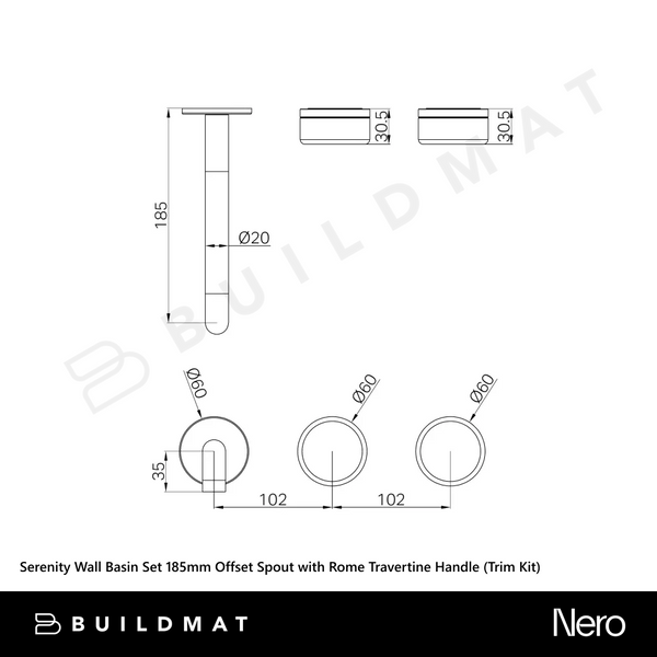 Nero Serenity Wall Basin Set 185mm Offset Spout with Rome Travertine Handle (Trim Kit Only) Gunmetal