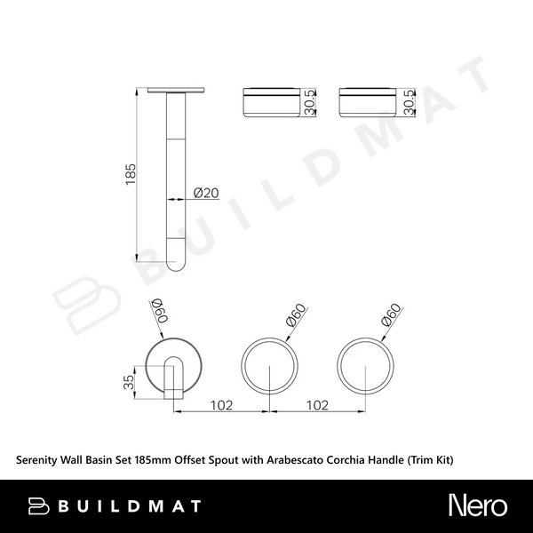 Nero Serenity Wall Basin Set 185mm Offset Spout with Arabescato Corchia Handle (Trim Kit Only) Gunmetal