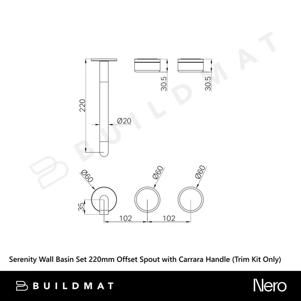 Nero Serenity Wall Basin Set 220mm Offset Spout with Carrara Handle (Trim Kit Only) Chrome