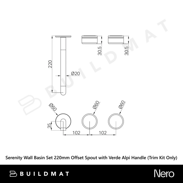 Nero Serenity Wall Basin Set 220mm Offset Spout with Verde Alpi Handle (Trim Kit Only) Brushed Gold