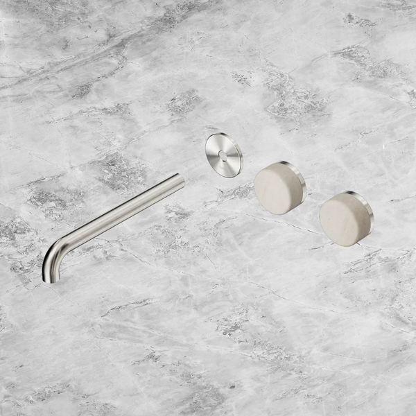 Nero Serenity Wall Basin Set 220mm Offset Spout with Rome Travertine Handle (Trim Kit Only) Brushed Nickel