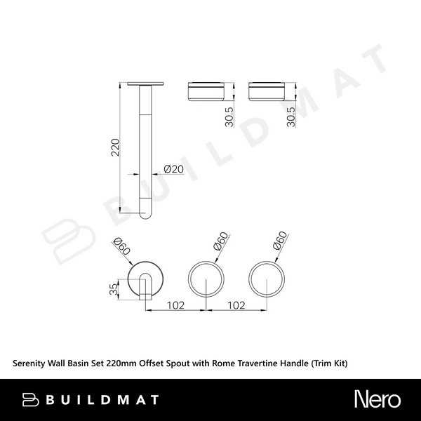 Nero Serenity Wall Basin Set 220mm Offset Spout with Rome Travertine Handle (Trim Kit Only) Gunmetal