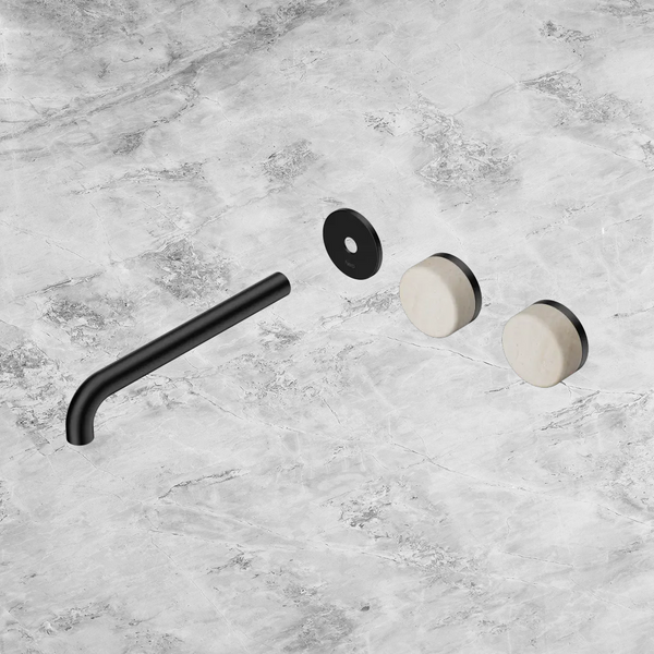 Nero Serenity Wall Basin Set 220mm Offset Spout with Rome Travertine Handle (Trim Kit Only) Matte Black