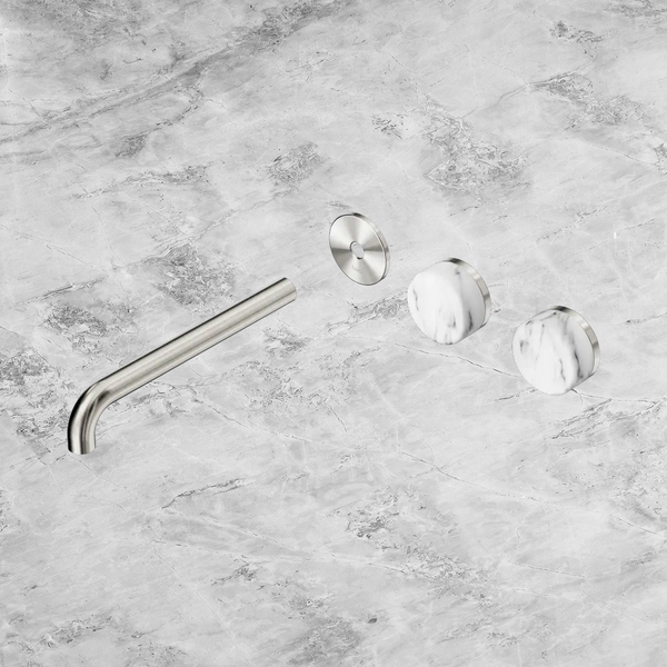 Nero Serenity Wall Basin Set 220mm Offset Spout with Arabescato Corchia Handle (Trim Kit Only) Brushed Nickel