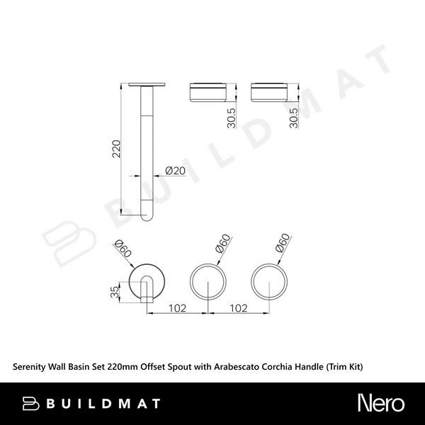 Nero Serenity Wall Basin Set 220mm Offset Spout with Arabescato Corchia Handle (Trim Kit Only) Matte Black