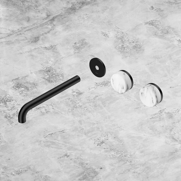 Nero Serenity Wall Basin Set 220mm Offset Spout with Arabescato Corchia Handle (Trim Kit Only) Matte Black