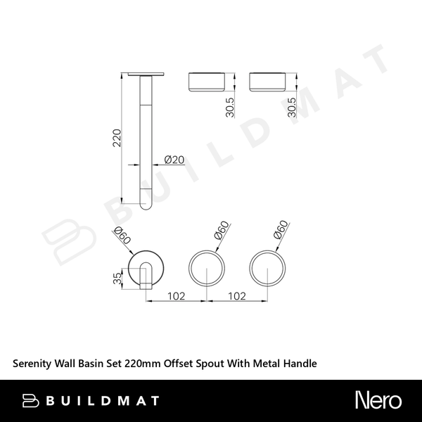 Nero Serenity Wall Basin Set 220mm Offset Spout With Metal Handle (Trim Kit Only) Gunmetal
