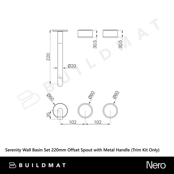 Nero Serenity Wall Basin Set 220mm Offset Spout with Metal Handle (Trim Kit Only) Matte Black