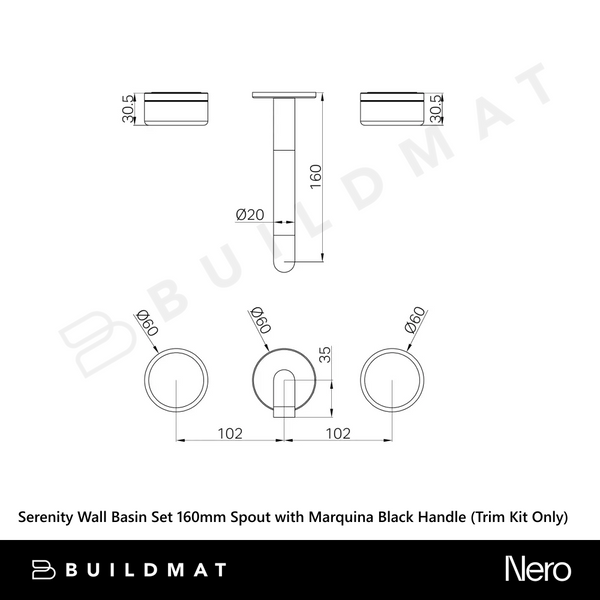 Nero Serenity Wall Basin Set 160mm Spout with Marquina Black Handle (Trim Kit Only) Gunmetal