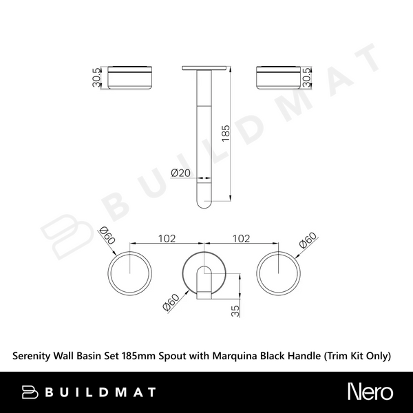 Nero Serenity Wall Basin Set 185mm Spout with Marquina Black Handle (Trim Kit Only) Brushed Bronze