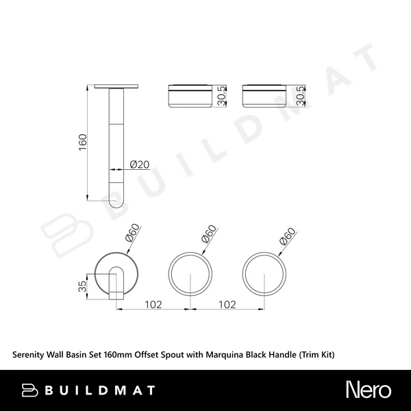 Nero Serenity Wall Basin Set 160mm Offset Spout with Marquina Black Handle (Trim Kit Only) Brushed Bronze