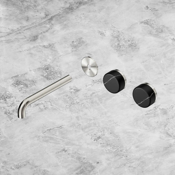 Nero Serenity Wall Basin Set 185mm Offset Spout with Marquina Black Handle (Trim Kit Only) Brushed Nickel
