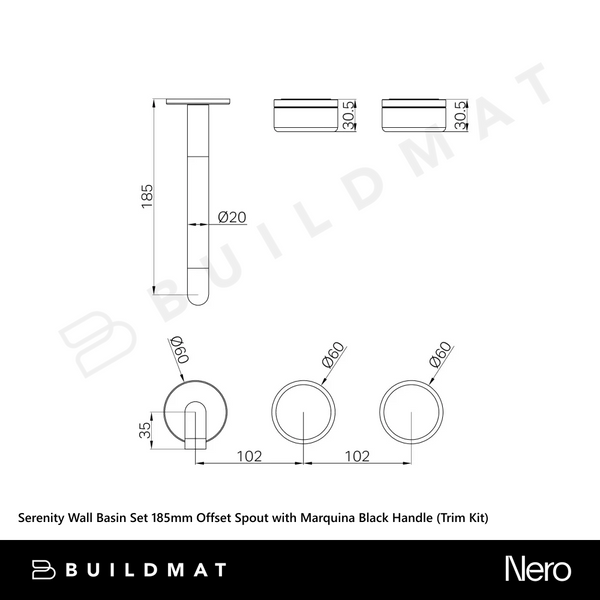 Nero Serenity Wall Basin Set 185mm Offset Spout with Marquina Black Handle (Trim Kit Only) Matte Black