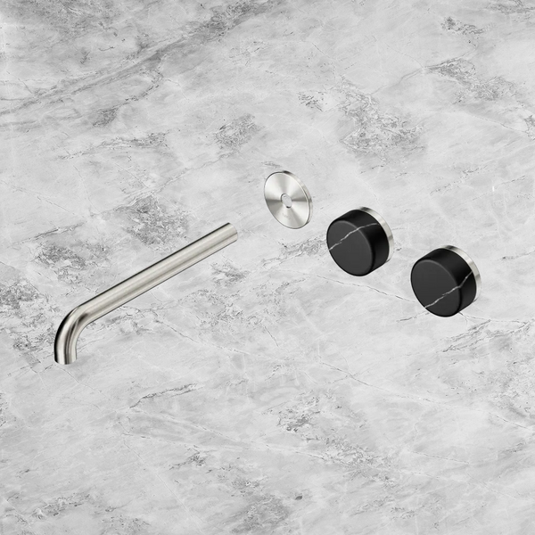 Nero Serenity Wall Basin Set 220mm Offset Spout with Marquina Black Handle (Trim Kit Only) Brushed Nickel