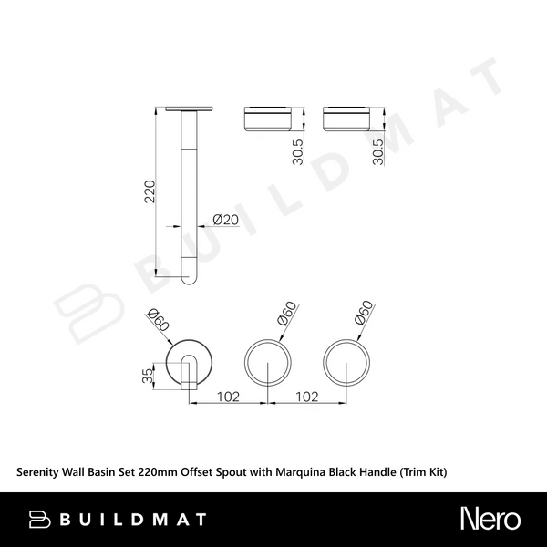 Nero Serenity Wall Basin Set 220mm Offset Spout with Marquina Black Handle (Trim Kit Only) Gunmetal