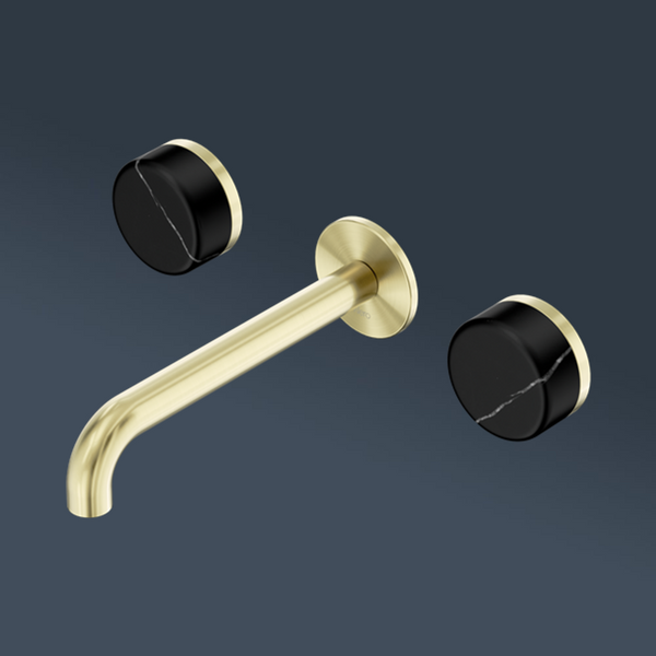 Nero Serenity Wall Basin Set 220mm Spout With Marquina Black Handle Brushed Gold