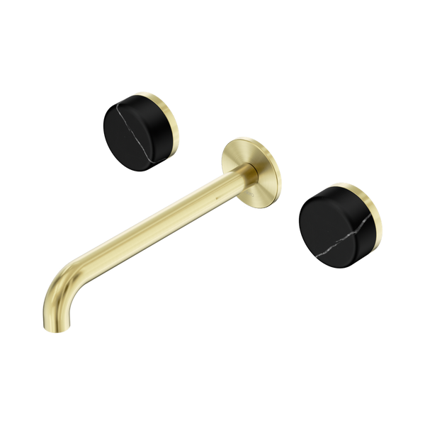 Nero Serenity Wall Basin Set 220mm Spout With Marquina Black Handle Brushed Gold